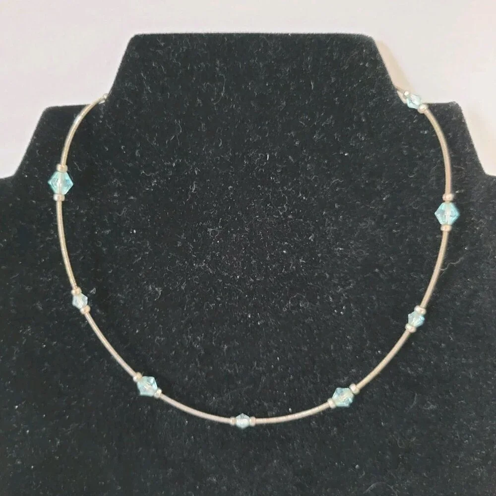 Choker Necklace Stretch Adjustable Silver Tone Blue Beads